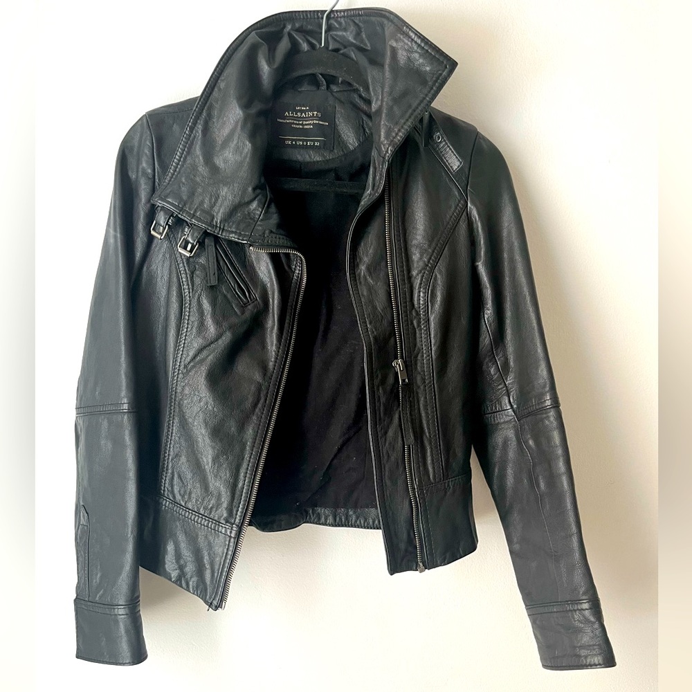 AllSaints Black Leather Biker Jacket, Size 0